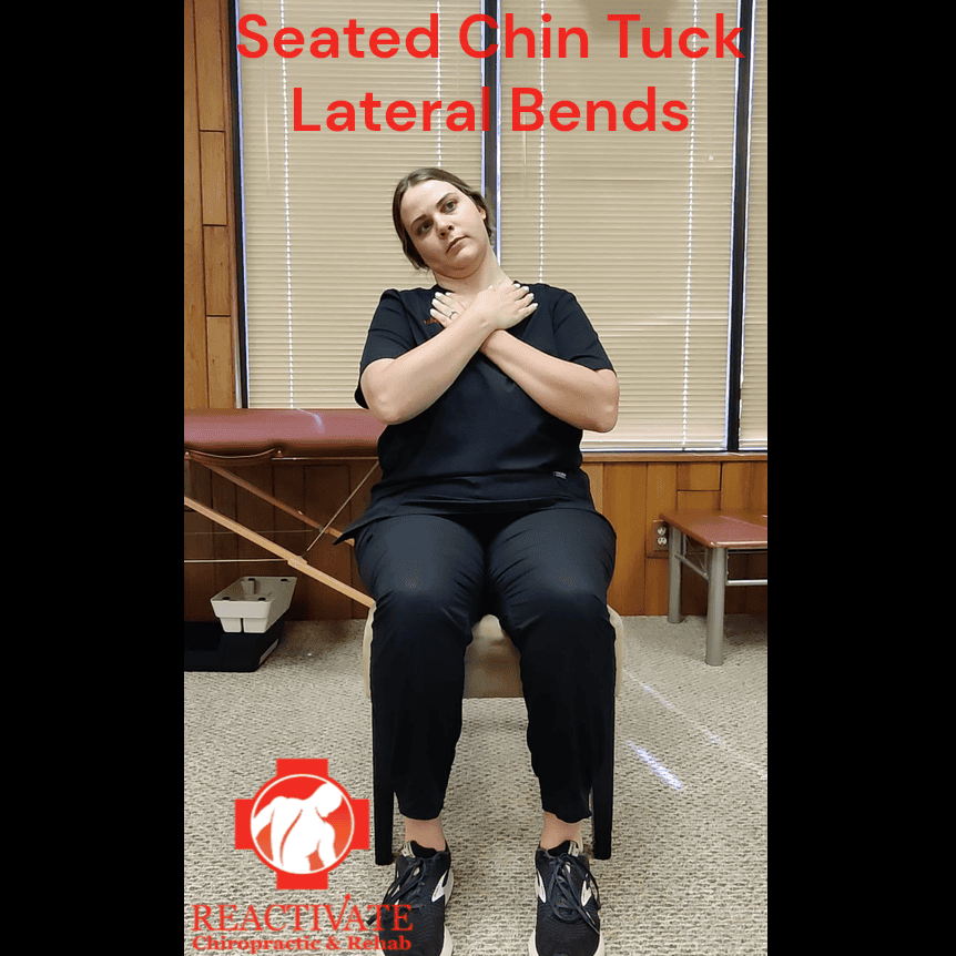 Seated chin tuck lateral bends. Stretches for neck pain. Physical therapy.