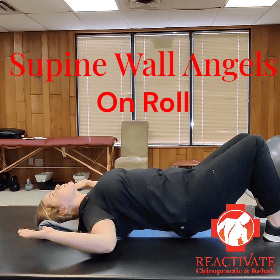 Stretches for neck and upper back for pain. Wall angel face up on roll.